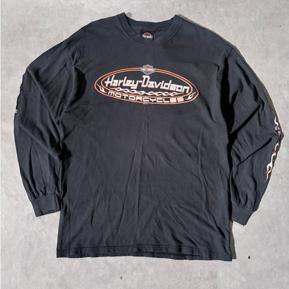90's Vintage Harley Davidson Flame Sleeve Black Long Sleeve Shirt -L